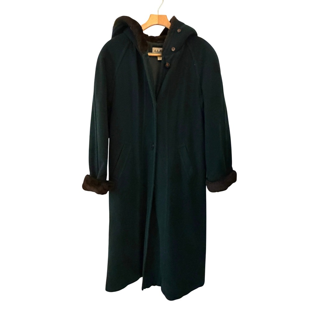 LL Bean Long Coat Women Large Green Excellent Wool Alpaca Thinsulate Hooded AQ49